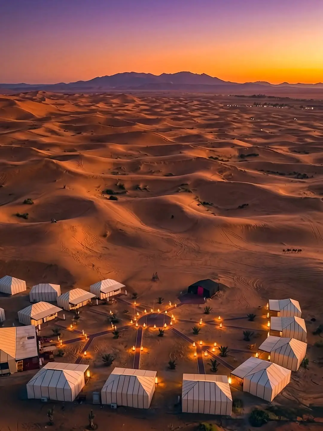 Luxury desert camp tents glowing at sunset among the dunes of Merzouga