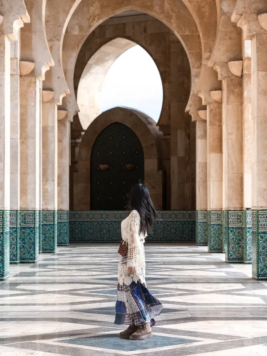 Colonnaded interior of the Hassan II Mosque with carved arches, Casablanca, Morocco