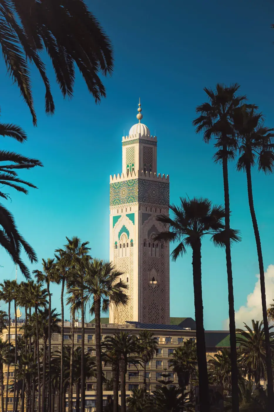 The tall minaret of the Hassan II Mosque rising above Casablanca, Morocco