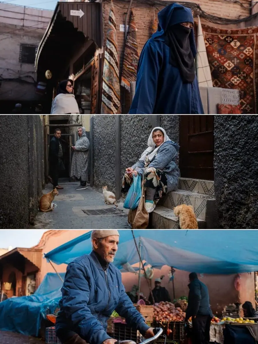 Local life in the Marrakech medina — residents, cats, and a market vendor in narrow alleys
