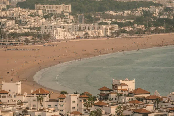 Wide sandy beach and promenade in Agadir, Morocco