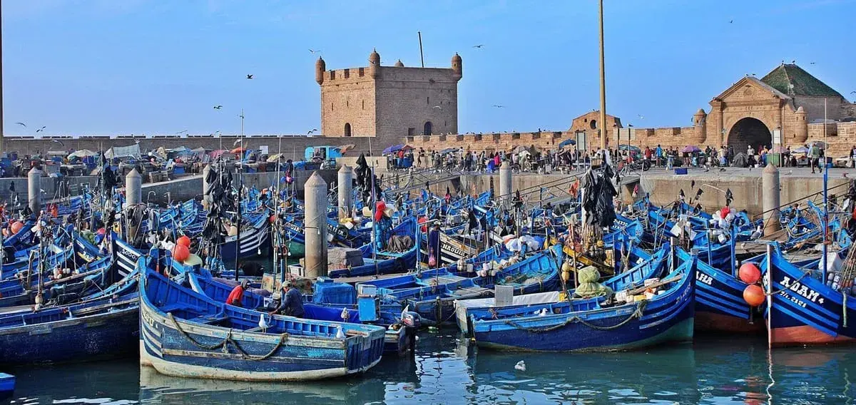 Whitewashed medina walls and blue boats in the windswept port of Essaouira, Morocco