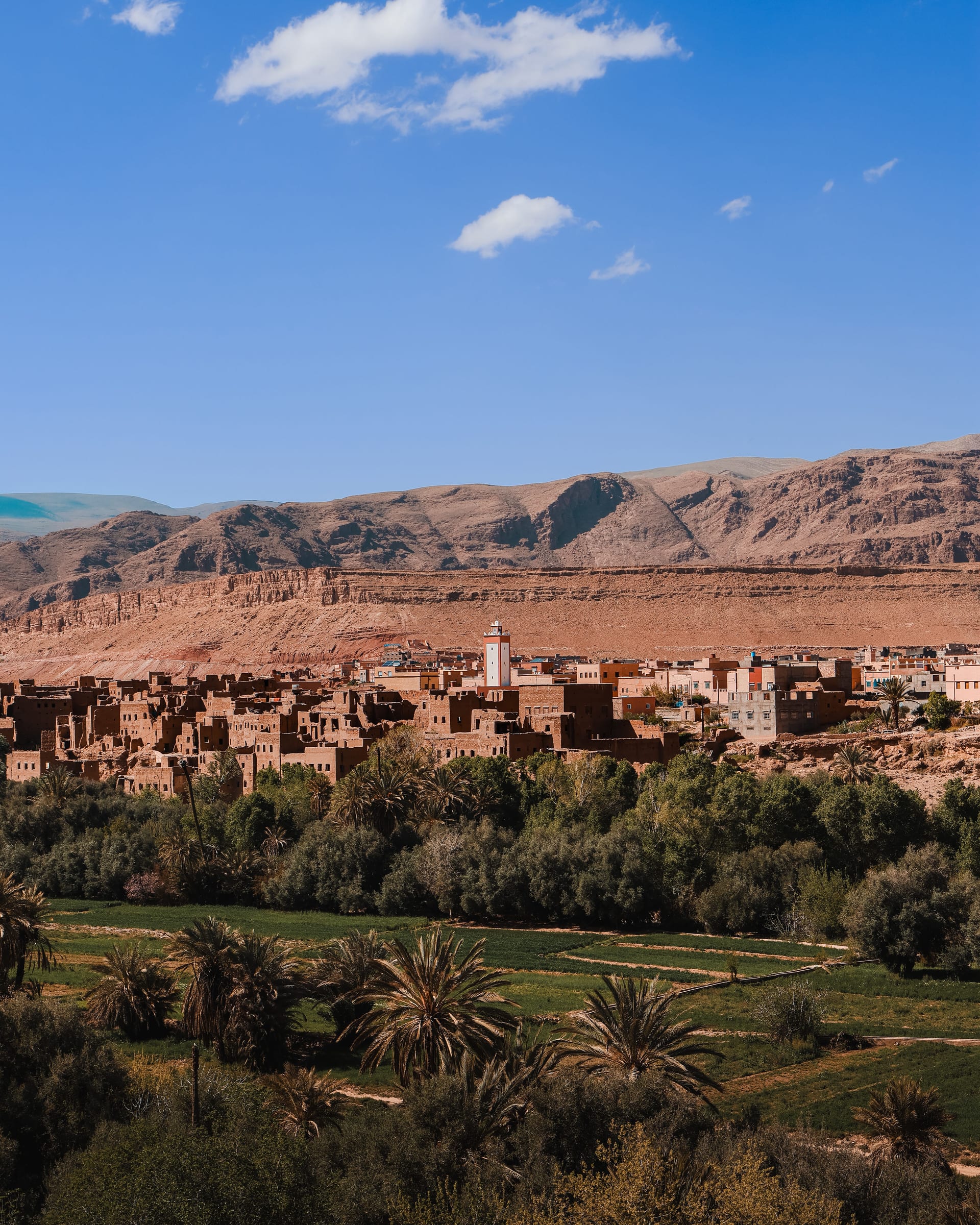 Panoramic view of a traditional village in Dades Valley with the Atlas Mountain backdrop