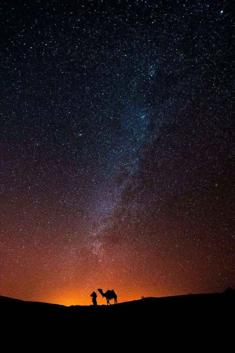 Stargazing under the Milky Way in the Sahara desert near Merzouga, Morocco